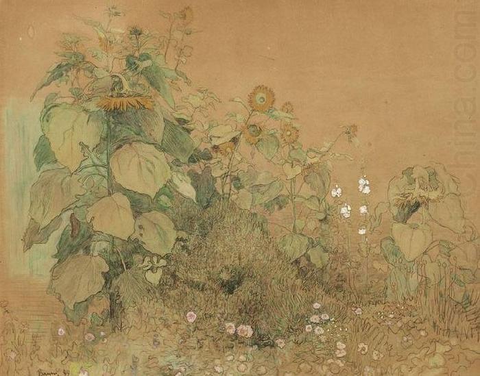 Gartenstuck mit grober und kleineren Sonnenblumen, Malven und anderen Blumen, Paul Baum